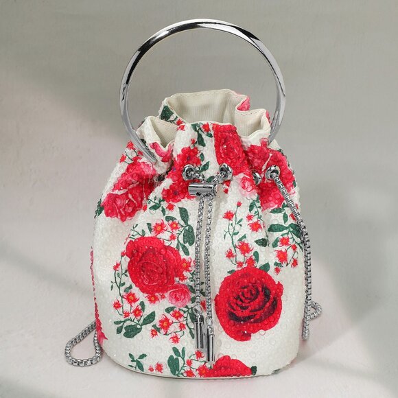 Blooming Rose Rhinestone Bling Beaded Small Round Handle Bucket Crossbody Bag - Picture 10 of 10